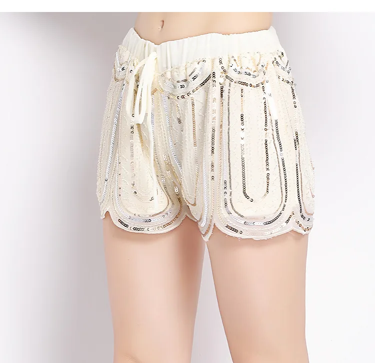 femininas nova cintura elástica causal shorts perna larga blingbling lantejoulas