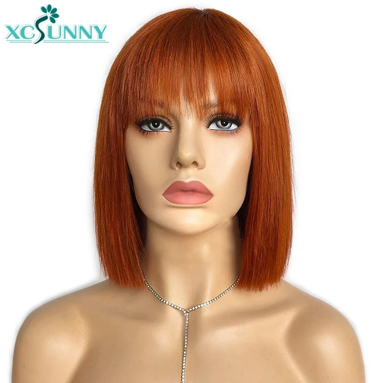Perucas de Cabelo Humano com Franja Curto em Linha Peruca com o Topo do Couro Brasileiro para as Mulheres Coppery Reta Completa Máquina Feita Cabeludo Remy Xcsunny Bob 3 feita peruca com o topo do couro