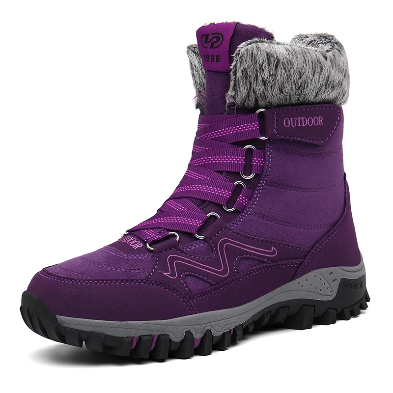 Новые зимние ботинки из высококачественной кожи и замши модные плюшевые женские ботинки с высоким берцем женские теплые водонепроницаемые зимние ботинки на шнуровке - Цвет: Purple