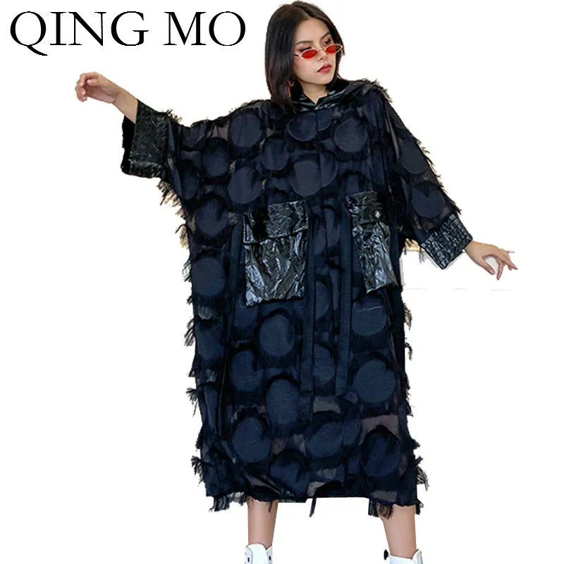 Женское платье с бахромой QING MO черное свободное капюшоном уличная одежда ZQY5022