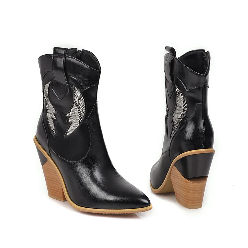 Модные женские ковбойские ботинки Осень-зима женская обувь ковбойские Полусапоги в западном стиле черная кожаная обувь с острым носком женские Ботинки на каблуке - Цвет: black    pu