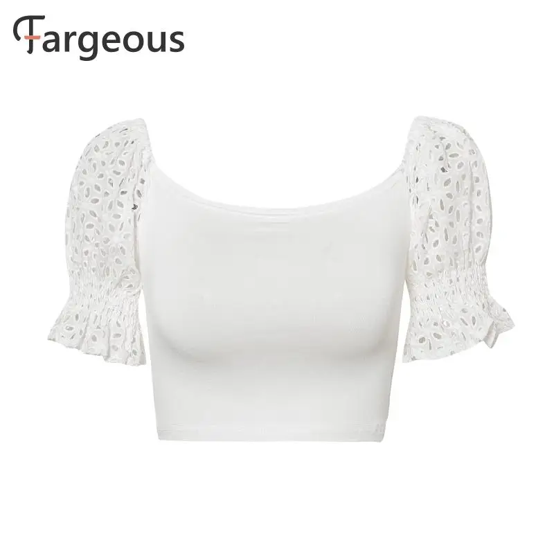 Fargeous открытые пышные рукава Топы Для женщин Повседневное летние модные праздничные Семейные комплекты короткая футболка женский пляжный белый мини-футболки