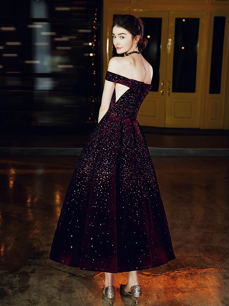 SSYFashion, роскошное коктейльное платье, винтажное, элегантное, бордовое, бархатное, с блестками, сверкающее, блестящее, длиной до середины икры, официальное, вечернее платье, Vestidos
