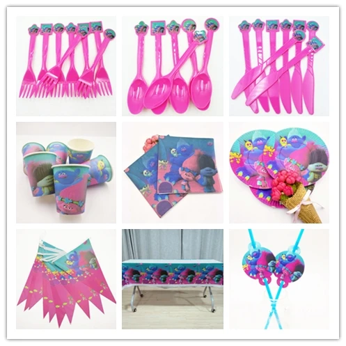 Trolls 82pcs 82pcsAnna принцессы «Эльзы» и «Микки Мышь супергерой», «Миньоны» для мальчиков, аксессуары для маленькой девочки на день рождения предметы для вечеринки, сувениры комплект - Цвет: Trolls 82pcs