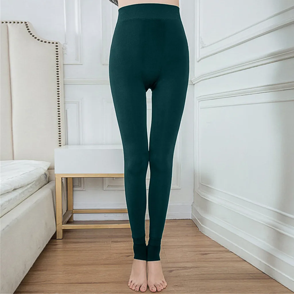 Модные женские Однотонные эластичные штаны для занятий фитнесом, женские зимние леггинсы - Цвет: Зеленый