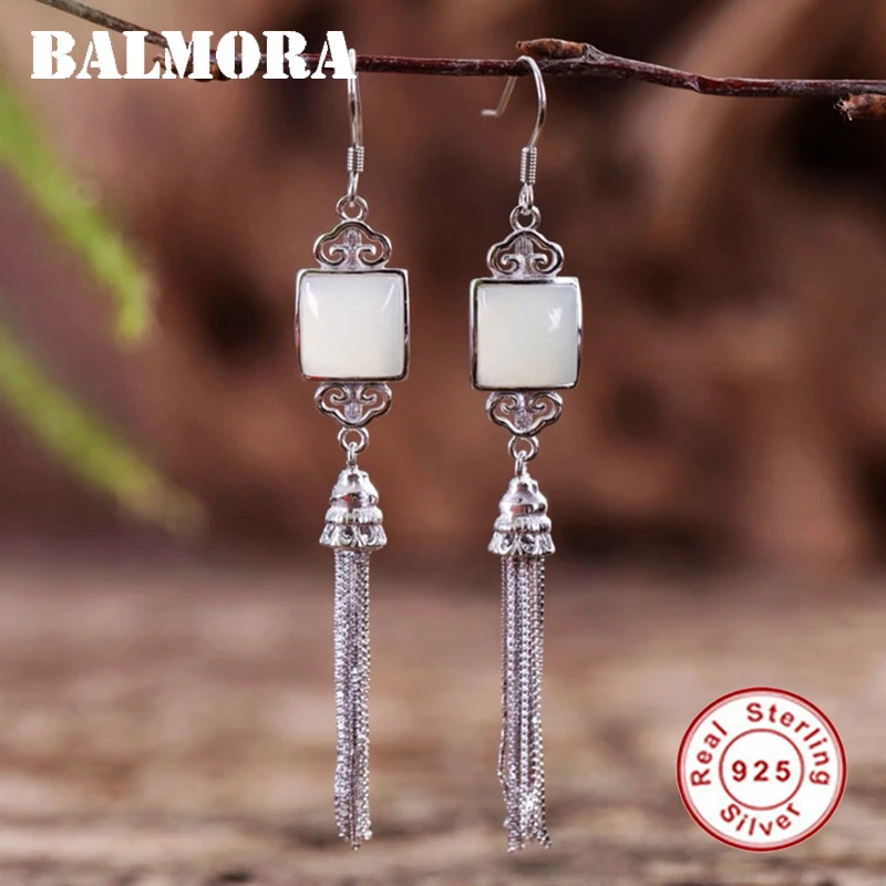 BALMORA Original 100% 925 Sterling Silver Tassel Earring For Women Girl Natural Jade Eardrop Dangler Vintage Earbob Jewelry Gift | Украшения