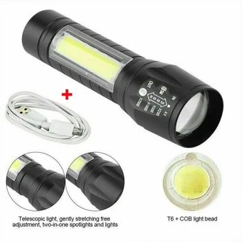 

Portable LED Flashlight T6 COB Light Flashlight Battery Rechargeable Zoom Flashlight 3 Modes Waterproof Emergency Torch