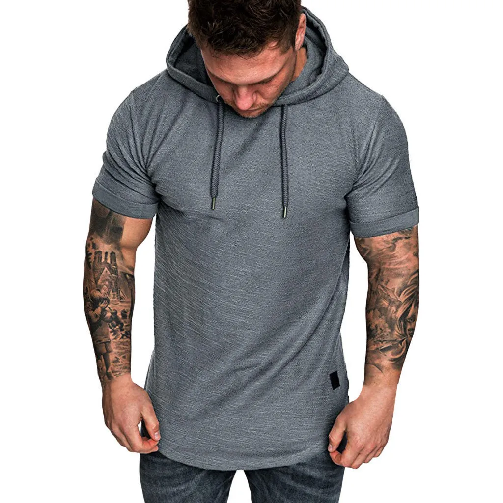 Men's Casual Slim Fit O Neck Short Sleeve hooded Hoodie Muscle Tee T-shirt Tops