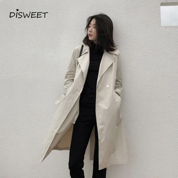 

Korean Version of The Autumn Long Trench Coat Women'S Simple Large Pocket Belt Lapels Trench Coat Woman Slim Solid Color Coat