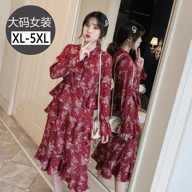 

Large Size Dress Long Sleeve Joint Flounced Mid-length Bow Dress Slimming Korean-style-Style Base Skirt