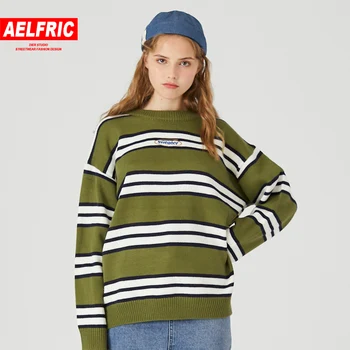 

Aelfric Stripe Letter Casual Knittwear Womens Sweaters Harajuku Hip Hop Autumn Tops Fashion Streetwear Female Pullovers Outwear
