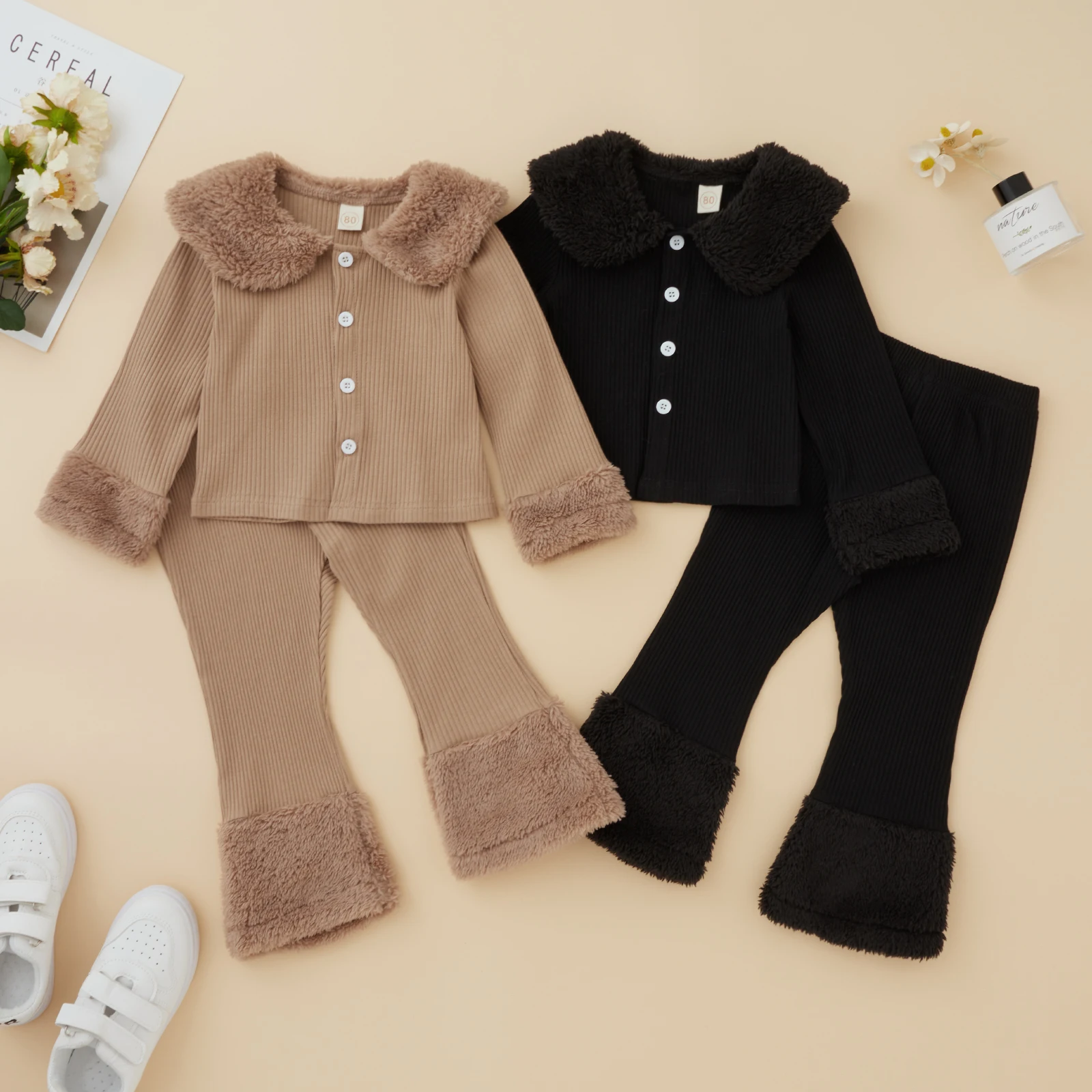 Toddler Baby Girls Knitted Tracksuits Casual Autumn Winter Lapel Button Long Sleeved Jacket + Pants Children Plush Outwear Set kids clothing set girls clothing set kids sports suit children sports suit kids sweatshirt set