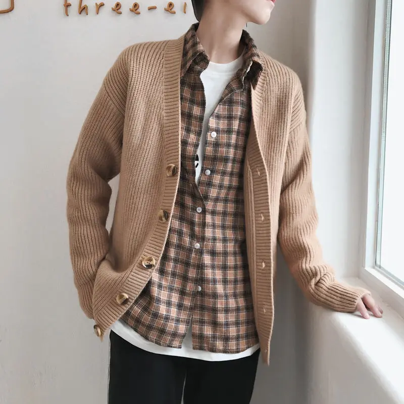 

Spring and autumn cardigan sweater men's jacket loose solid color casual Korean sweater.