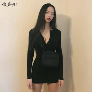 

KLALIEN women base dress elegant sexy Round neck button full sleeve slim femme solid dress 2020 autumn Fashion party club dress