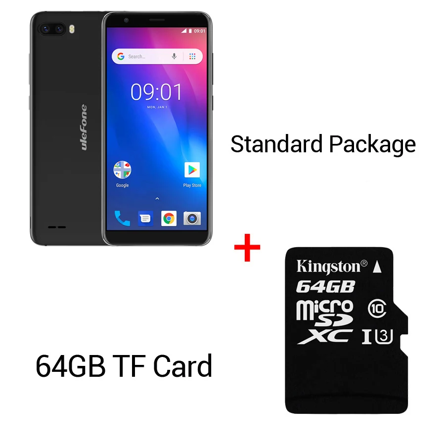 Ulefone S1 Android 8,1 смартфон MT6580 4 ядра 5,5 ''HD 8MP 1 ГБ Оперативная память 8 ГБ Встроенная память 3000 мА/ч, 3g WCDMA Face ID мобильного телефона - Цвет: Black N 64GB Card