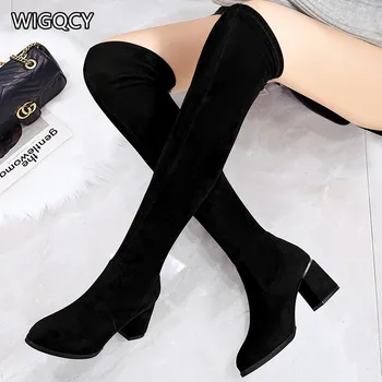 

2020 Autumn Winter New Women's Elastic Boots Round Toe Thick High Heel Women's Boots Over The Knee Platform Women's Shoes W249