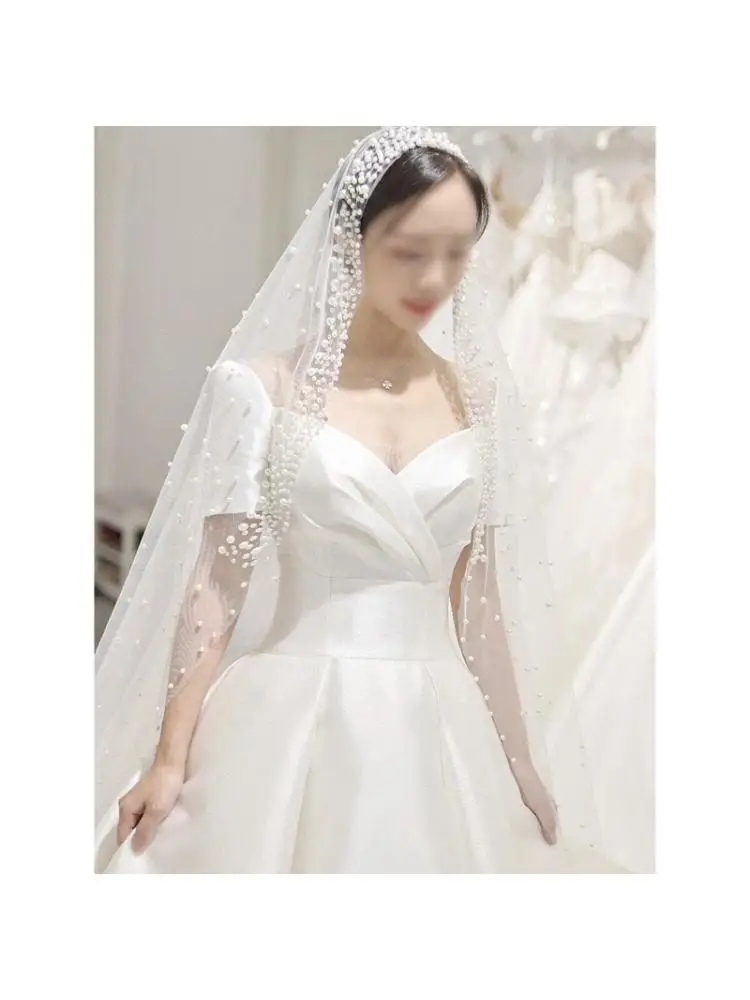 Bridal Veil Trailing Cathedral One-Layer Pearl Beading Headpiece