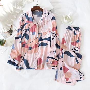 

Spring Summer Fashion Leaf Print Ladies Lounge Wear Set Pijama Cotton Cute Sleepwear Cardigan Suit Comfortable Thin Home Pajamas