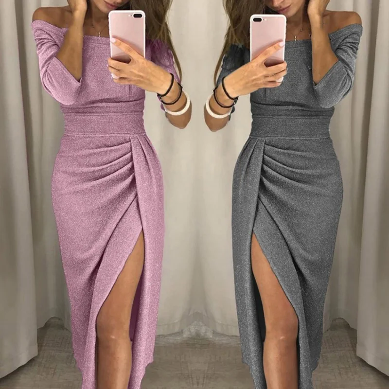 Sexy One Off Shoulder Dresses Sequined Strap Backless Split Long Dress Fashion Fall 2020 Elegant Ladies Party Club | Женская одежда