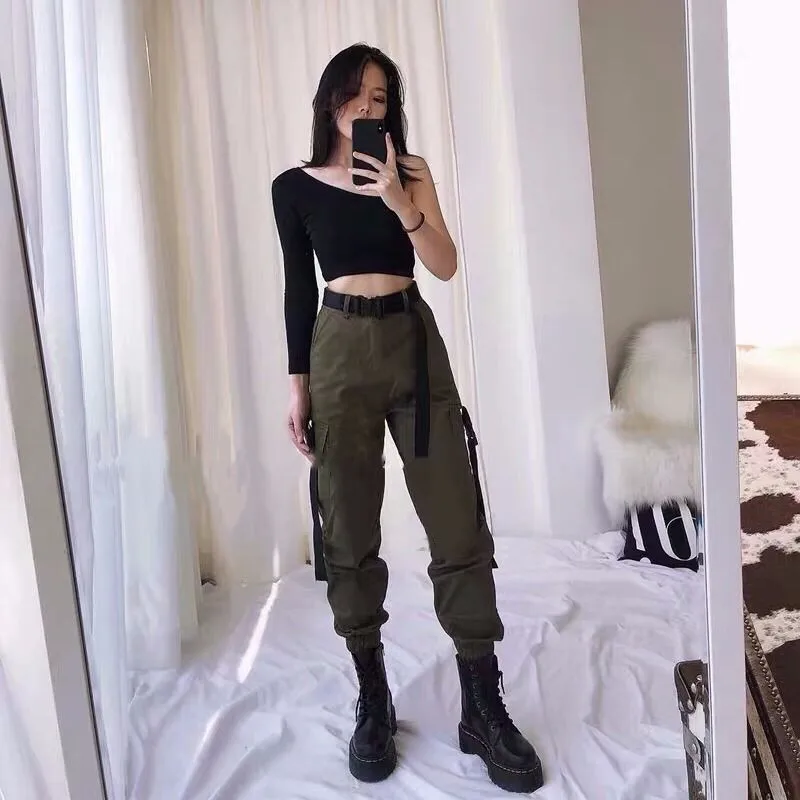 Cargo Pants Women Casual Joggers Black High Waist Sreetwear Loose Female Trousers Korean Style Ladies Pants Capri 2023 women s sreetwear jeans pants fashion y2k holes diamond rhinstones design high street denim pants female high waist jeans