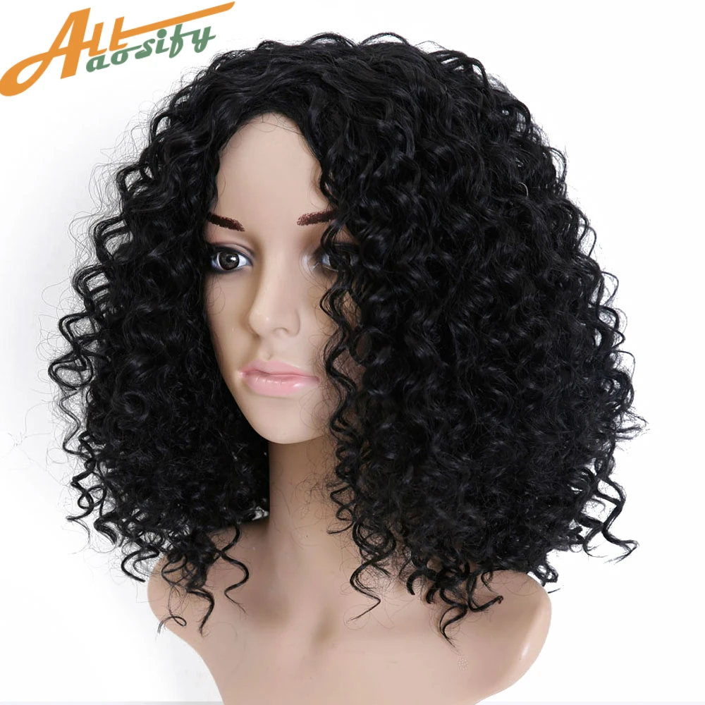 Comprar Pelucas rizadas Afro cortas Allaosify para mujeres pelucas sintéticas pelo resistente al calor esponjoso Afro Americano pelo negro Natural