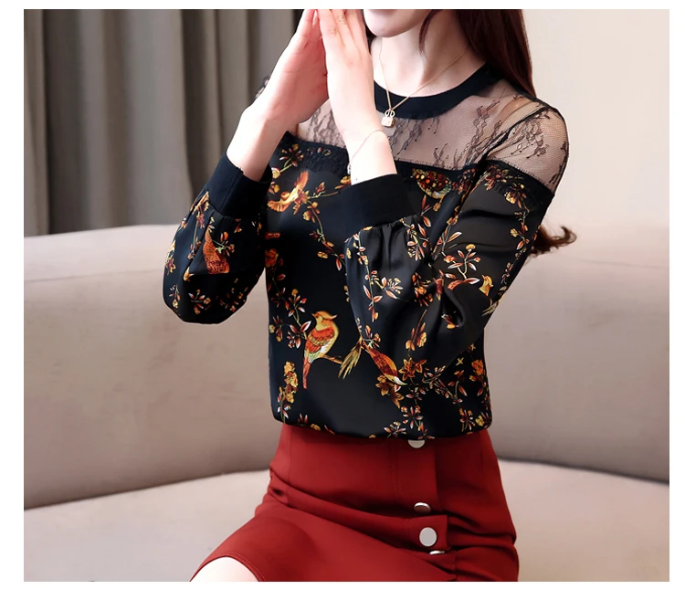 Женские топы и блузки blusas mujer de moda шифоновая кружевная рубашка с длинным рукавом и круглым вырезом Женская одежда женские рубашки 5953 50
