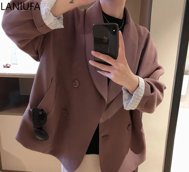 Women Double Breasted Long Blazers Office Lady Small Suit Jacket Ladies Leisure Blazer Loose Coat Streetwear Women Blazers P148