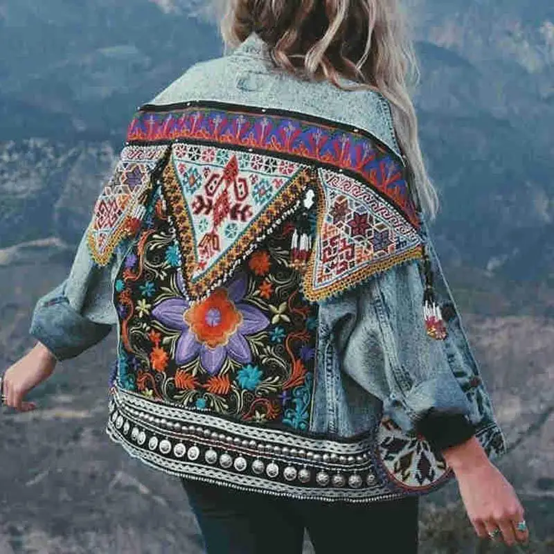 Promo  Ethnic Vintage Denim Jackets Turn-Down Collar Chic Back Beading Floral Embroidery Denim Coats Long 