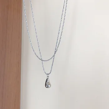 

SUNIANGON Irregular Water Drop Double Necklace 925 Sterling Silver Smooth Pendant Necklace Women Drop Necklace Elegant Jewelry
