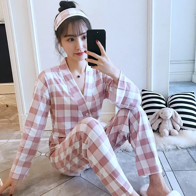 Casual Plaid Kimono Pajamas Sets for Women Spring Autumn Long Sleeve Pyjama Sleepwear Femme Homewear Pijama Mujer Lounge Clothes - Цвет: Розовый