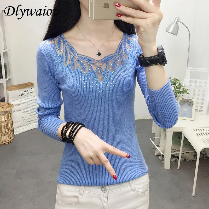 Sexy Lace V-neck Knit Sweater Female pullovers Tops Diamond Elastic Women 2020 Autumn Winter Fashion Jumper Pull Femme | Женская одежда