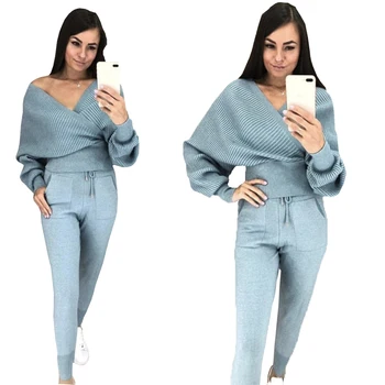 

TAOVK Women Knitted Jumpers + Pants Suits Cross V-neck Bat Sleeve Sweater and Elastic Waist Trouser Two Piece Sets