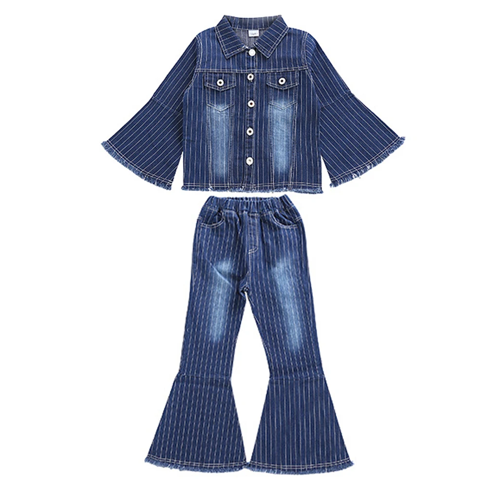 

Children's Denim Set Girls Striped Trumpet Sleeved Bell-Bottoms Fashion Jeans Casual Suit Kids Spring Autumn Long Sleeve Sets