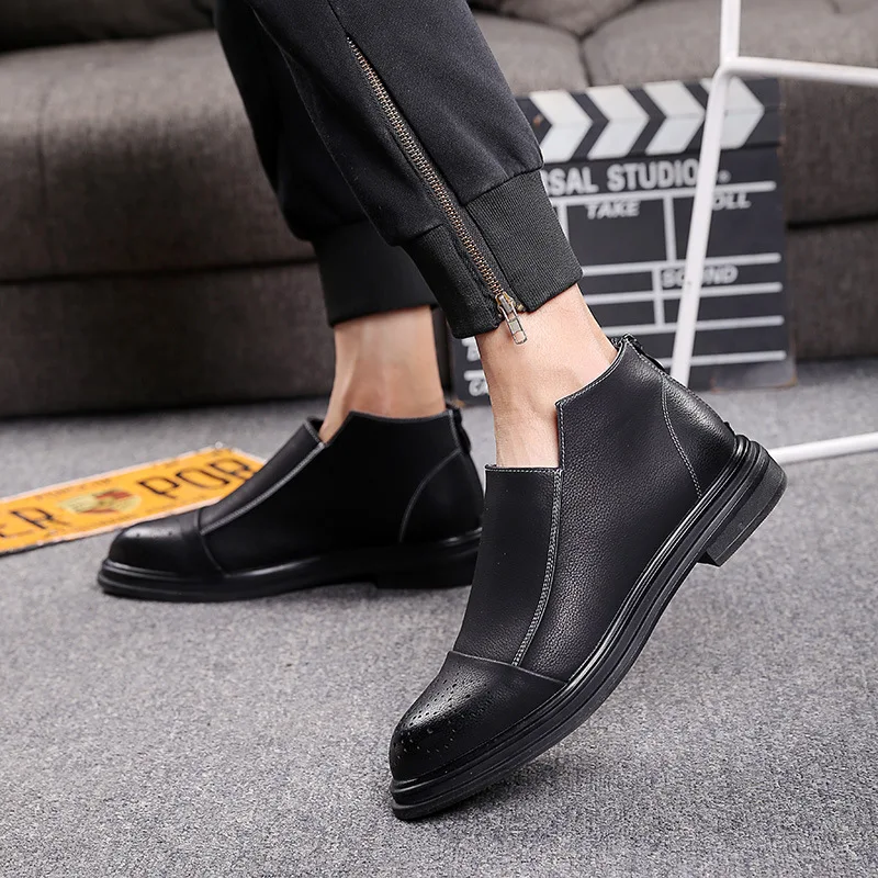 

England Short Boots Hight-top Leather Shoes Men's Casual Trend Autumn And Winter Martin Boots Foot Covering Leather Boot Cowhide