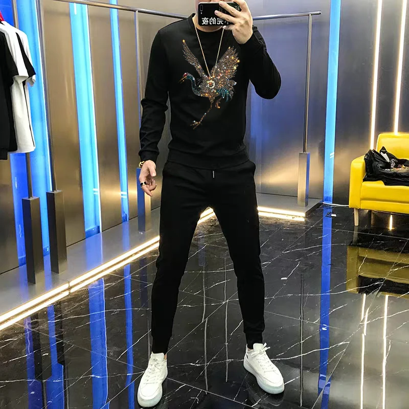 Trendy Brand Winter Hot Diamond Shiny Men's Track Suit Pants + Hoodie/Cotton Fabric Streetwear Comfortable Sweatshirt