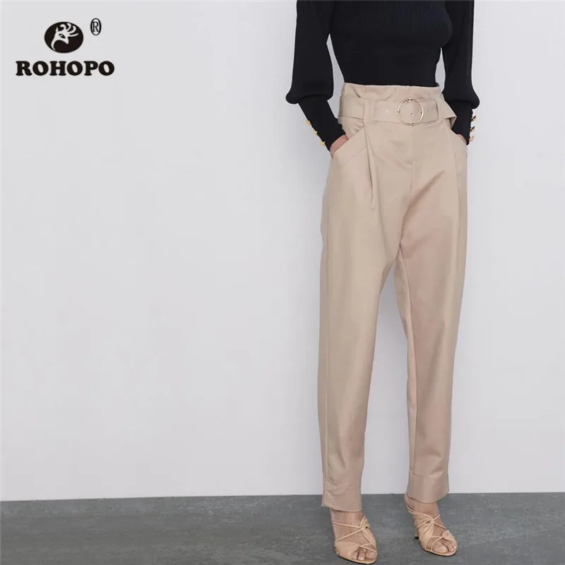 ROHOPO хаки с поясом боковые карманы узкие брюки женские однотонные длинные брюки#1282