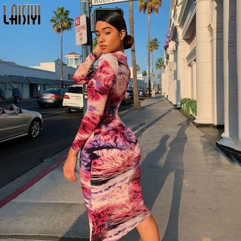 

LAISIYI Tie Dye Print Long Sleeve Colorful Slit Women Sexy Midi Dress 2019 Autumn Winter Bodycon Party Vestidos Streetwear