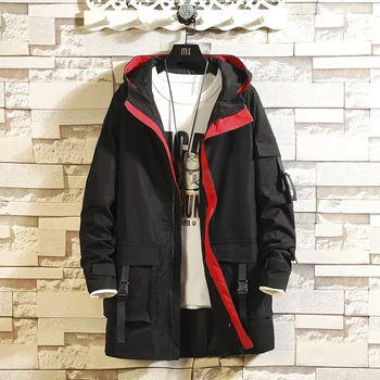 

Slim Long Trench Coat Men Letter Print Military Style Hooded Overcoat Black Hip Hop Streetwear Autumn Korean Mens Jacket