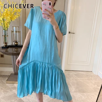 

CHICEVER Blue Casual Dress For Women O Neck Short Sleeve Loose Ruched Trumpet Dresses Female 2020 Spring Fashion New Clothing