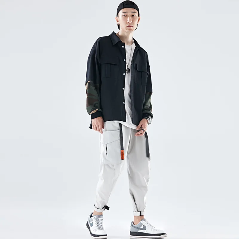 

[Shirt + Bib Overall] INS Origional Design Set Men's Camouflage Long-sleeved Shirt Coat National Trends Bib Overall