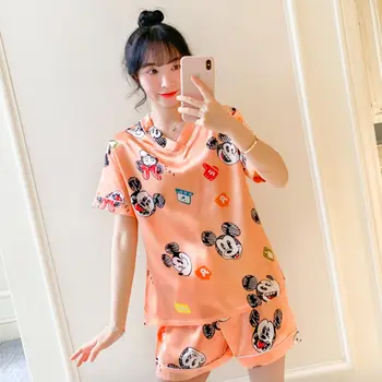 

2020 Summer Cute Korean Mickey Print Short Sleeve Silk Pajamas Set Two Pieces Set Home Clothes for Pjs Women Sexy Pijama Mujer