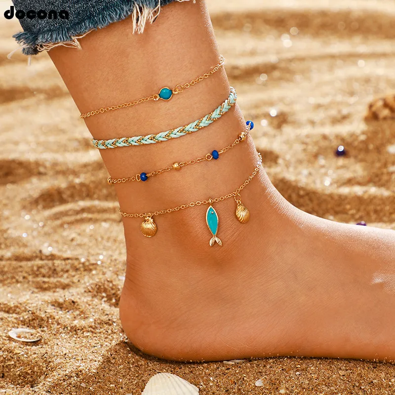 

docona Bohemian Blue Fish Cowrie Multi Layer Anklet for Women Girl Geometric Multilayer Anklet Set 4pcs/1set Foot Jewelry 8637