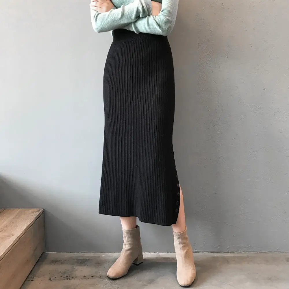 Модная однотонная зимняя Осенняя длинная юбка с высокой талией, прямая юбка с разрезом на пуговицах, Женская Повседневная наружная юбка