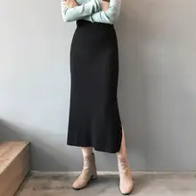 Модная однотонная зимняя Осенняя длинная юбка с высокой талией, прямая юбка с разрезом на пуговицах, Женская Повседневная наружная юбка