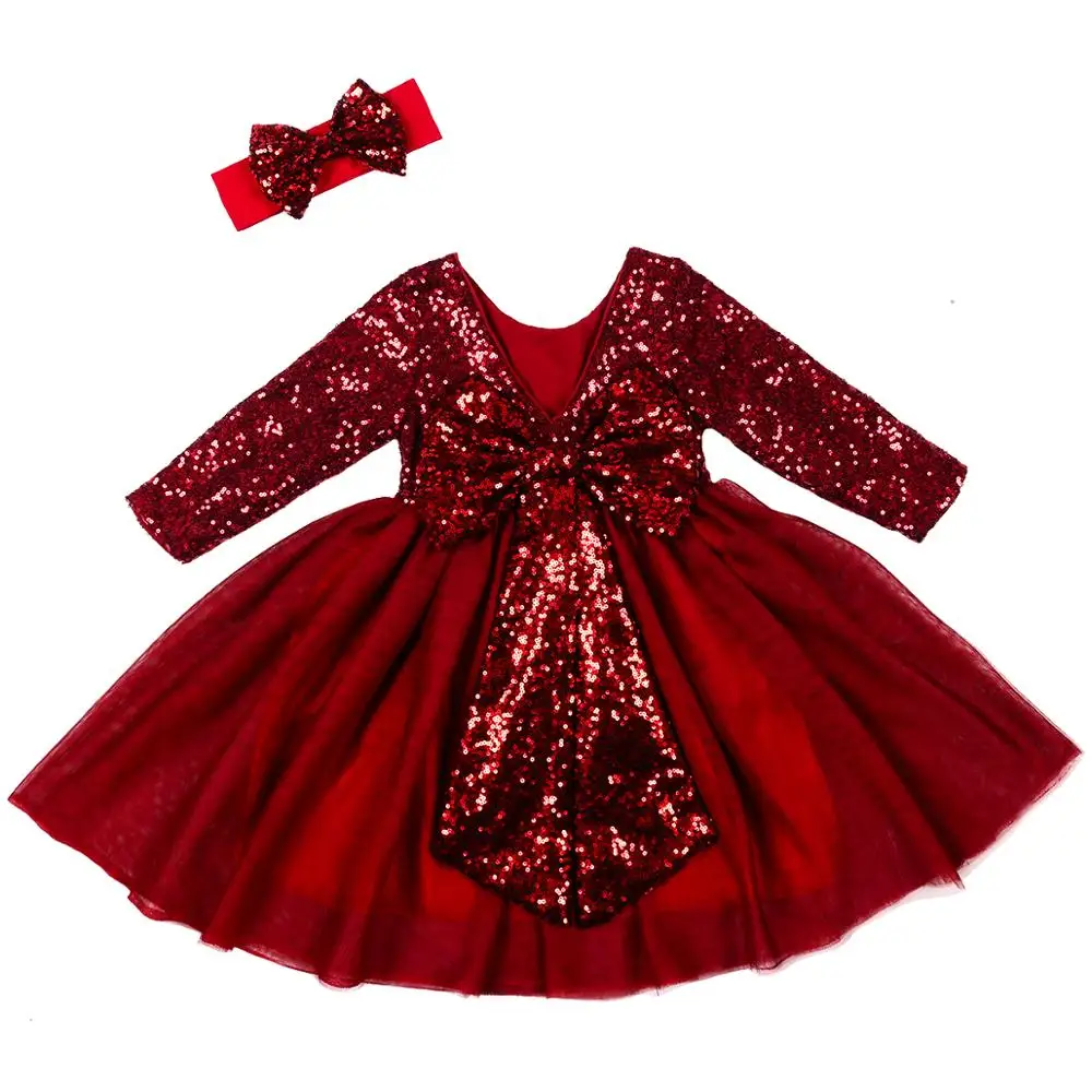 Новое модное осенне-зимнее платье детское платье с длинными рукавами свадебное платье с цветочным узором для девочек вечерние платья-пачки с блестками для девочек на день рождения - Цвет: Wine 09