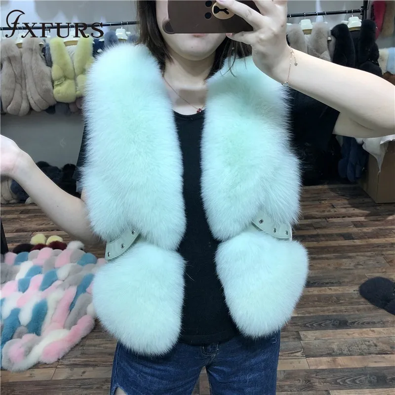 FXFURS жилет из натурального Лисьего меха женские модные меховые жилеты с заклепками без рукавов куртки короткое меховое голье кожаный зимний мех