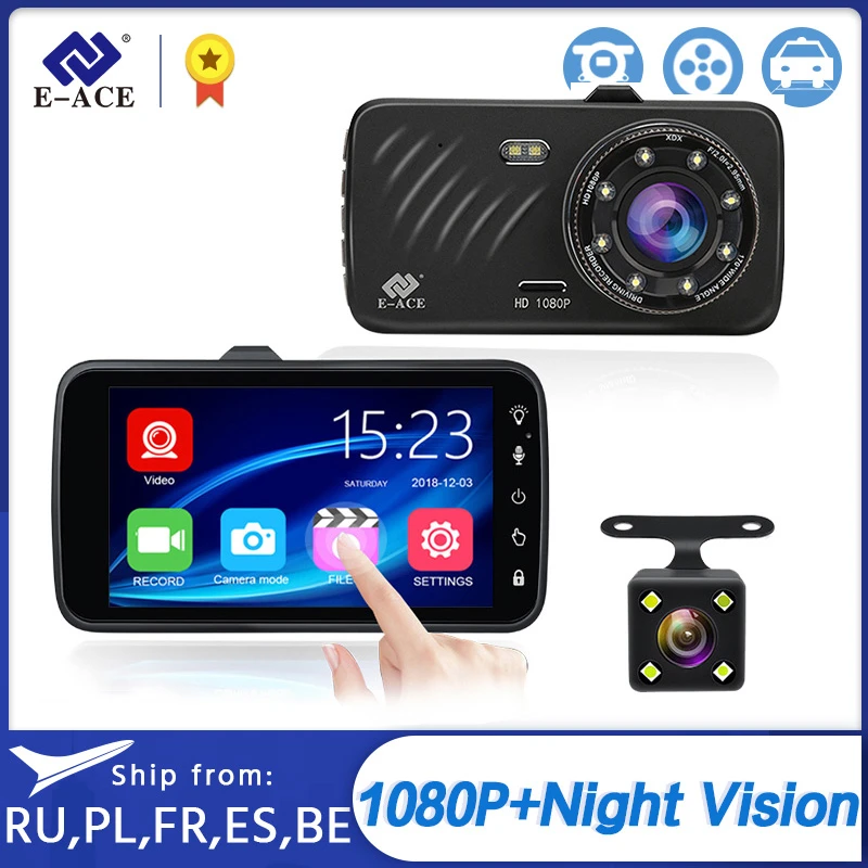 E ACE Car DVR 4 Inch Touch Auto Camera Dual Lens Dashcam FHD 1080P