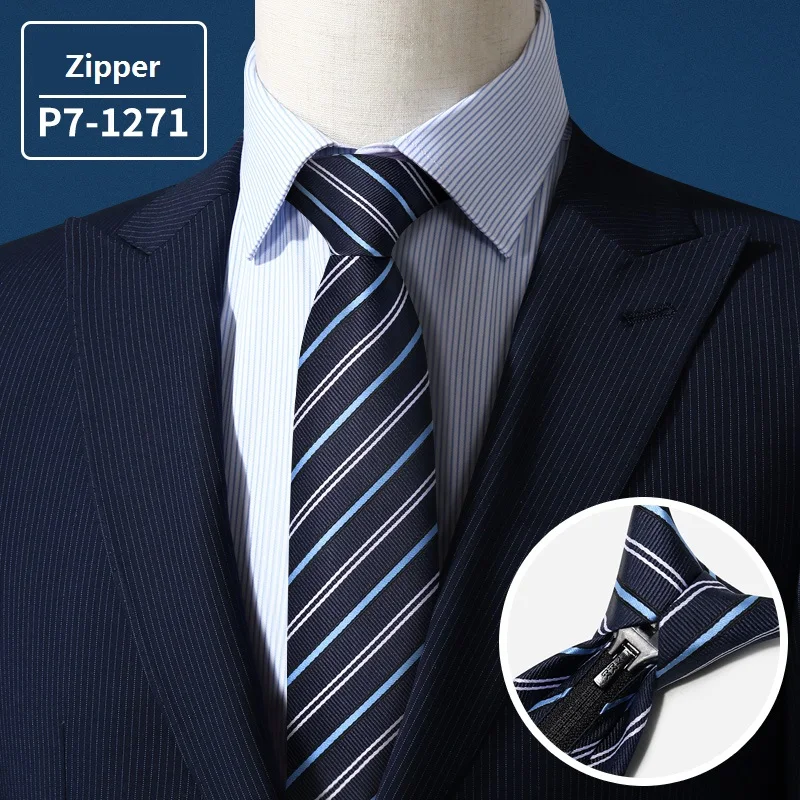 P7-1271 Zipper Брендовый Модный высококачественный мужской галстук 7 см в синюю полоску на молнии, деловой костюм, галстук для мужчин с подарочной коробкой - Цвет: P7-1271 Zipper
