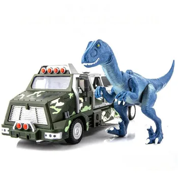 

1:50 Scale Alloy Diecast Plastic Truck Car W Jurassic Dinosaur Animal Transport Armored Vehicle Model Engineering kid Toy gift