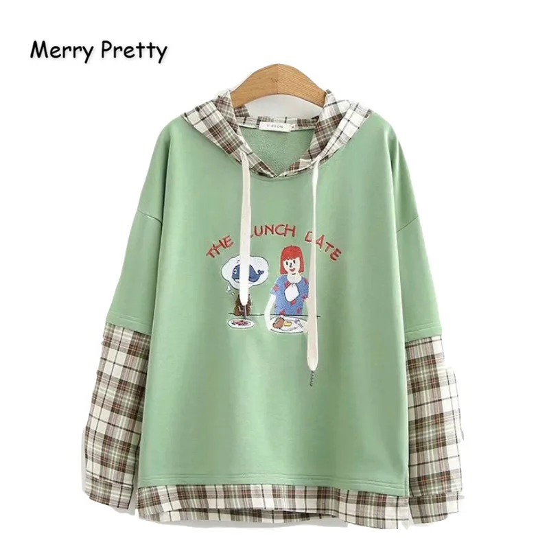 

Merry Pretty Women Cartoon Embroidery Plaid Patchwork Hoodies Sweatshirts 2019 Winter Long Sleeve Fake 2 pieces Hooded Tracksuit